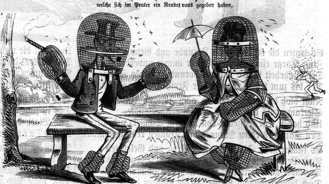 Karikatur zur Gelsenplage im Prater in der Zeitschrift Kikeriki vom 4. Juni 1868, ANNO/ÖNB
