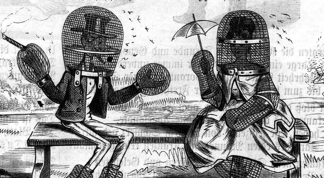 Karikatur zur Gelsenplage im Prater in der Zeitschrift Kikeriki vom 4. Juni 1868, ANNO/ÖNB  