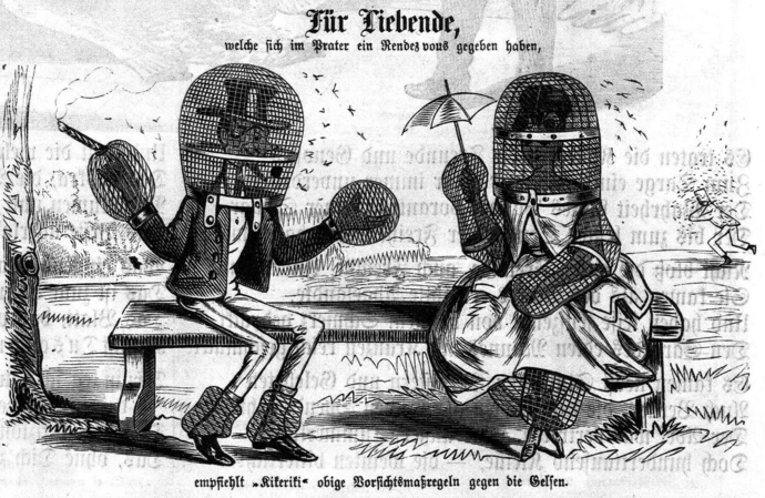 Karikatur zur Gelsenplage im Prater in der Zeitschrift Kikeriki vom 4. Juni 1868, ANNO/ÖNB