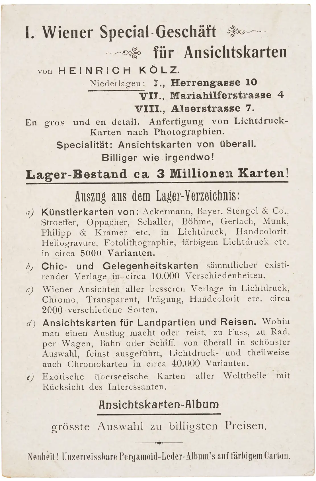 Werbekarte des Ansichtskartenverlags Heinrich Kölz, um 1900, Sammlung Lukan  