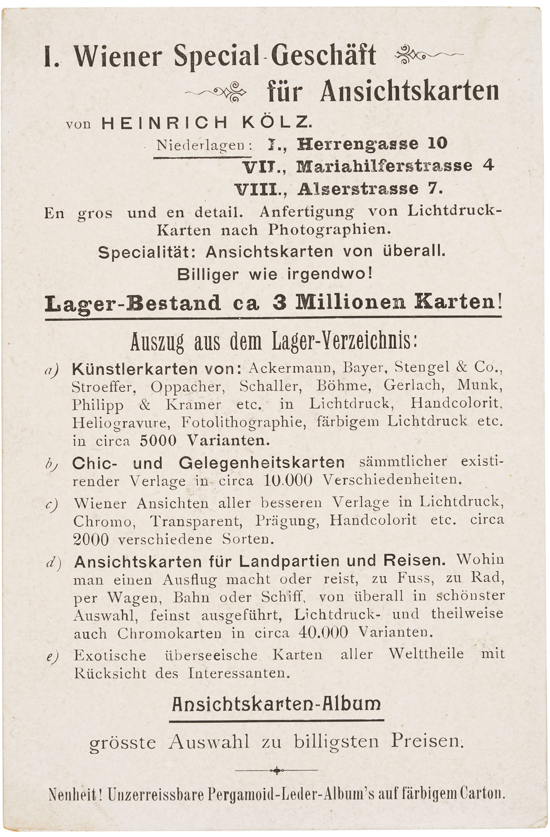 Werbekarte des Ansichtskartenverlags Heinrich Kölz, um 1900, Sammlung Lukan 