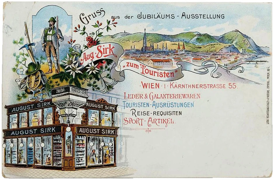 Ansichtskarte „Gruss aus der Jubiläumsausstellung – August Sirk ‚zum Touristen‘“, 1898, Wien Museum, Inv.-Nr. 249007