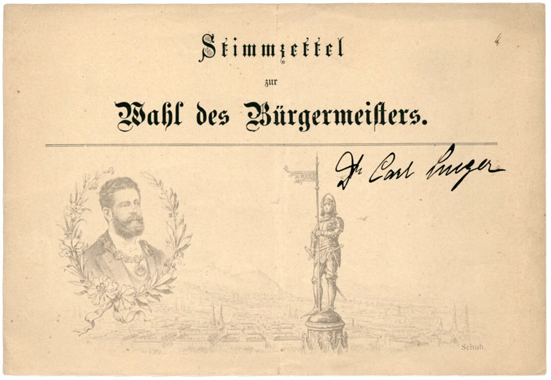 Stimmzettel zur Wahl des Bürgermeisters (mit handschriftlichem Votum für Dr. Karl Lueger), 1895, Wien Museum  