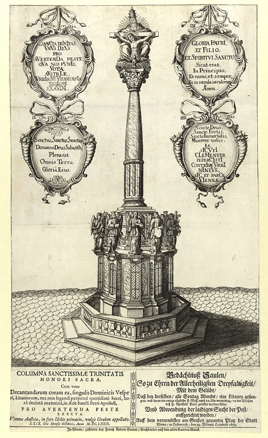 Johann Martin  Lerch: Die provisorische hölzerne Pestsäule auf dem Graben, Radierung, 1679, Sammlung Wien Museum  