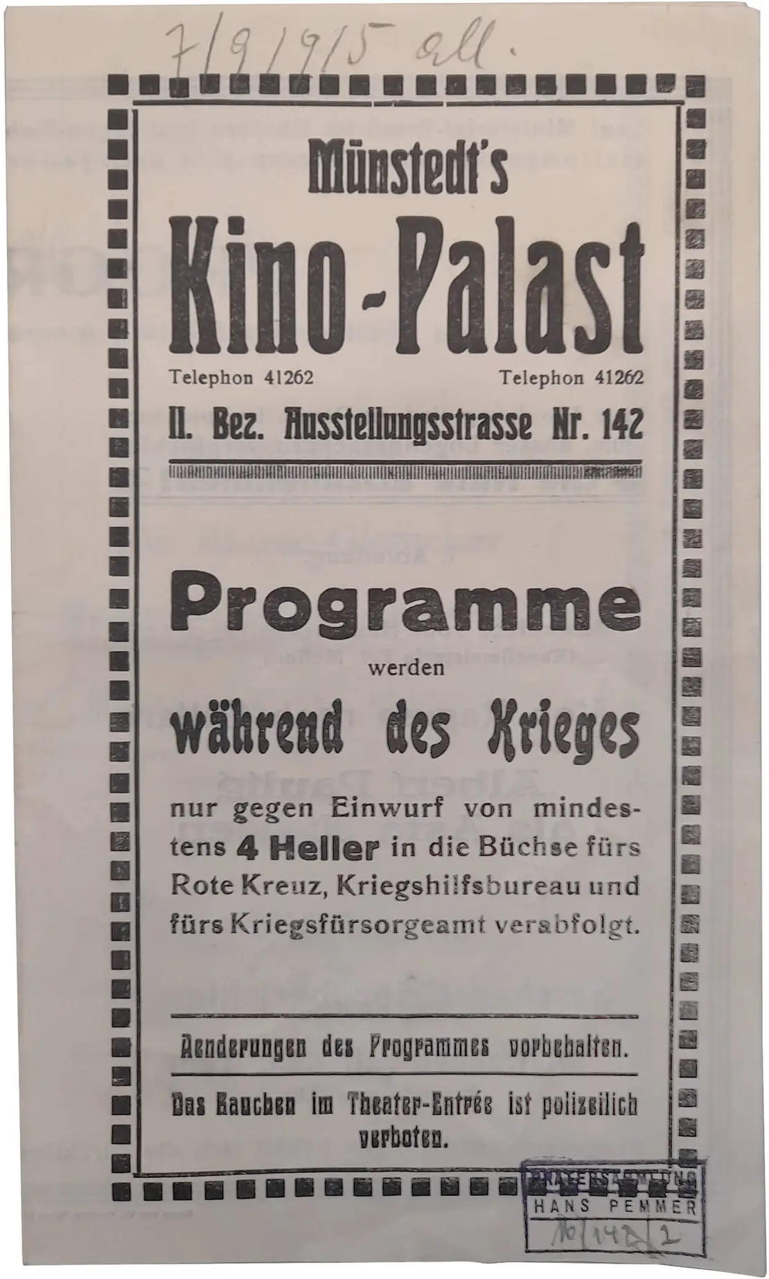 Programm des Münstedt’s Kino Palast aus dem Jahr 1915, Wien Museum