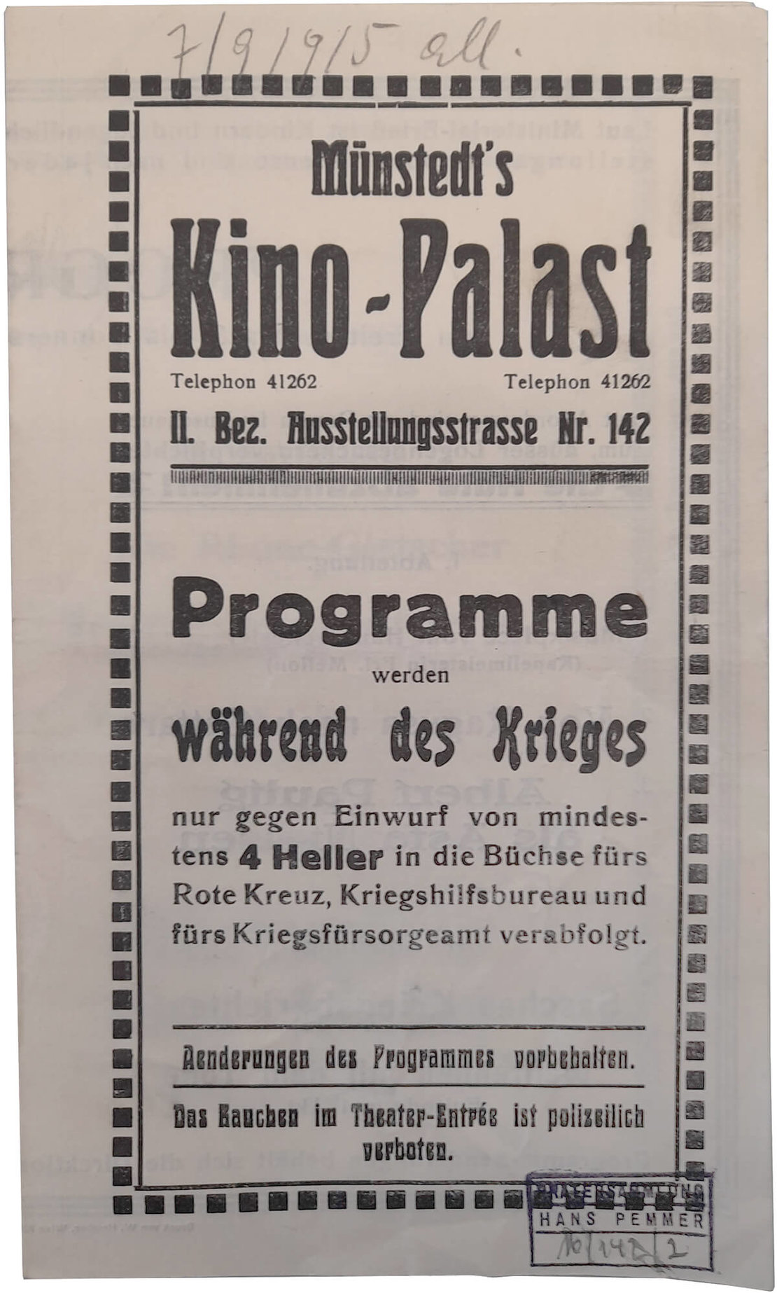 Programm des Münstedt’s Kino Palast aus dem Jahr 1915, Wien Museum 