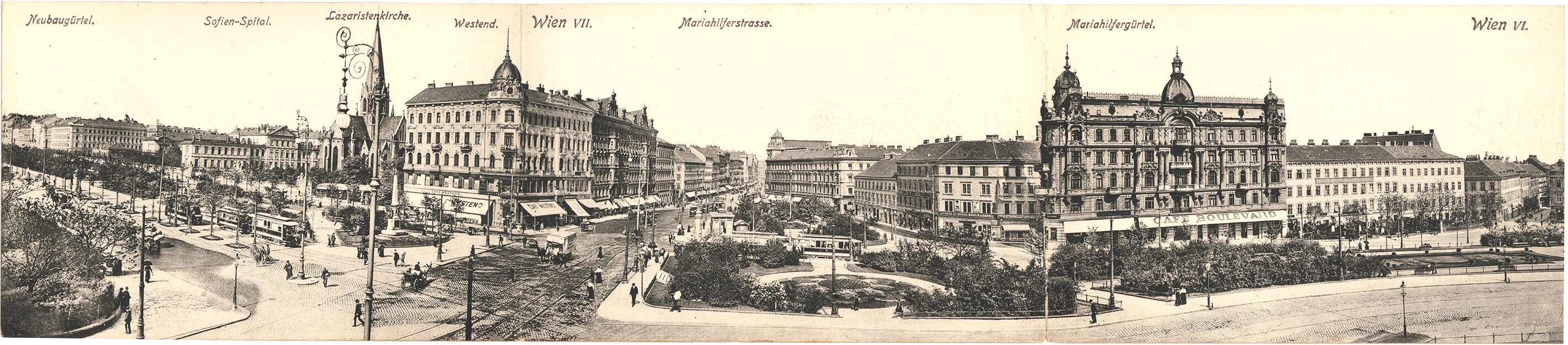 Panorama vom Neubau- und Mariahilfergürtel, 1908, Ansichtskarte: Verlag Ledermann, Sammlung Werner Chmelar  