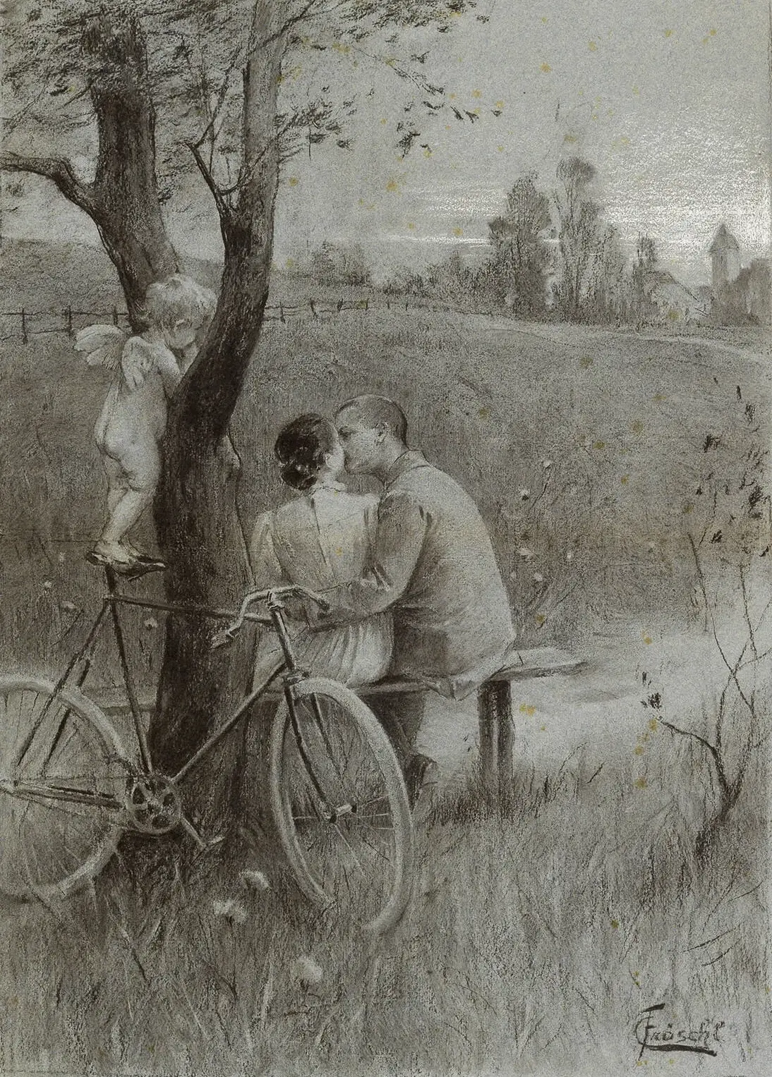 Carl Fröschl: Eine süße Ruhepause, 1897, Kreide, weiß gehöht, Entwurf für: Wiener Radfahr-Club Künstlerhaus (Hg.): Radlerei!, S. 31, Wien Museum, Inv.-Nr. 25126  