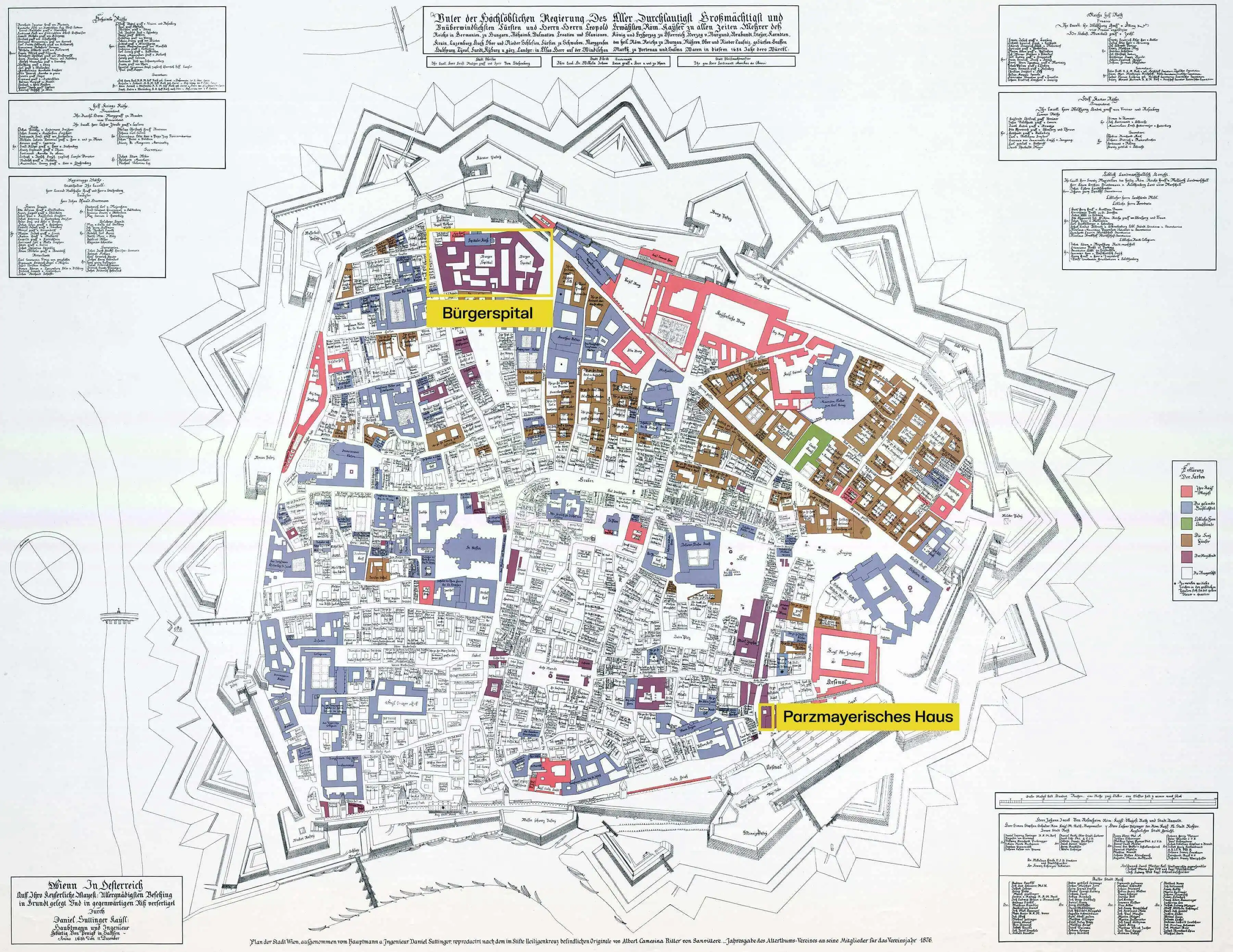 Das Bürgerspital und das Parzmayerische Haus auf dem gesüdeten Stadtplan von Daniel Suttinger von 1684, der die Stadt unmittelbar vor der Osmanischen Belagerung von 1683 zeigt (Wiener Stadt- und Landesarchiv, Pläne und Karten: Sammelbestand, P1: 881 [Reproduktion 1876])  
