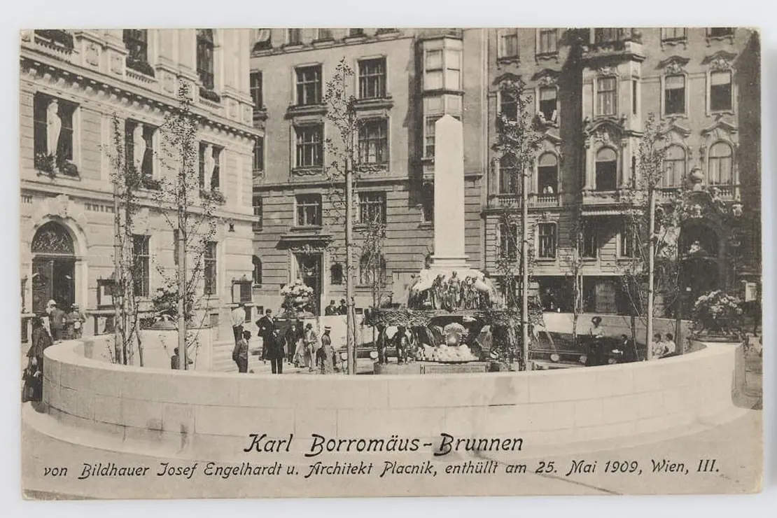 Karl-Borromäus-Brunnen am Karl-Borromäus-Platz, 3. Bezirk, Ansichtskarte 1909, Sammlung Wien Museum