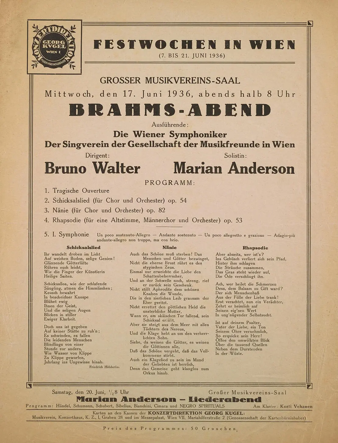 Programm der Wiener Festwochen, 1936, Marian Anderson Papers (Ms. Coll 200 box 179 folder 8547 item 3), Kislak Center for Special Collections, Rare Books and Manuscripts, University of Pennsylvania Libraries  