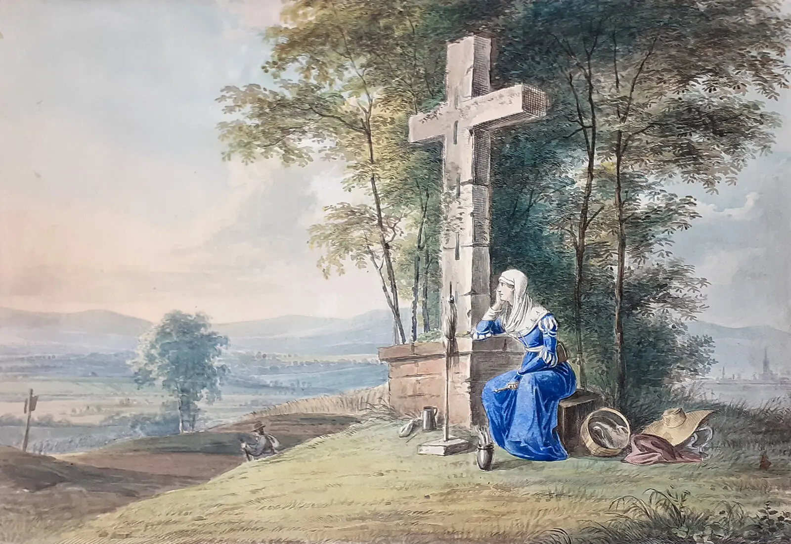 Die Spinnerin am Kreuz, Blatt Nr. 1 aus „Oesterreichs Sagen und Heldenmahle“, kolorierte Lithographie, erschienen um 1823 im Verlag Trentsensky, Illustration von Moritz von Schwind, Wien Museum