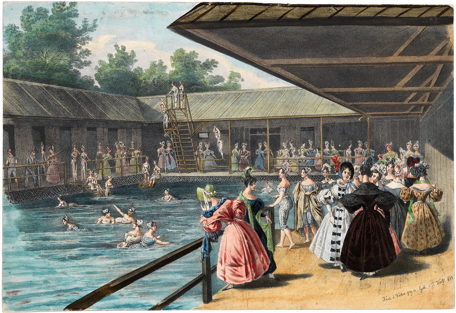Franz Wolf, Erste Damen-Schwimmschule in Wien, kol. Lithografie, 1833, Wien Museum