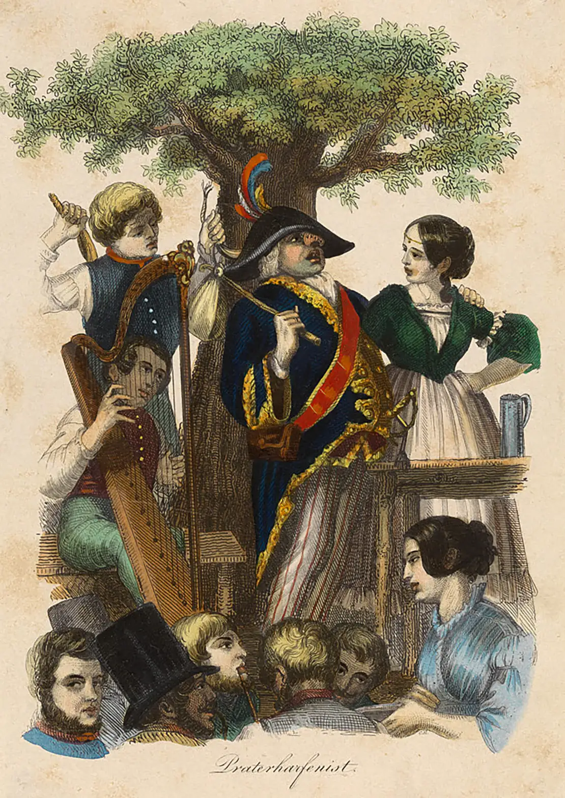 Wilhelm Böhm: „Praterharfenist“, Illustration in: Adalbert Stifter, „Wien und die Wiener in Bildern aus dem Leben“, 1844, kolorierter Kupferstich: Carl Mahlknecht, Wien Museum, Inv.-Nr. 31740/3  