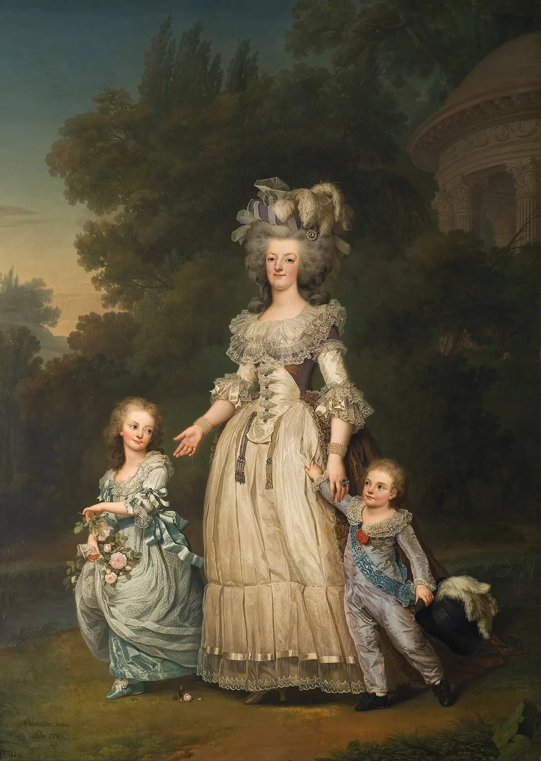 Marie Antoinette mit ihren zwei ältesten Kindern, Marie-Thérèse Charlotte und Louis Joseph, in den Gärten ihres Refugiums Petit Trianon, gemalt von Adolf Ulrik Wertmüller, 1785. Nationalmuseum Schweden, Quelle: Wikimedia Commons  