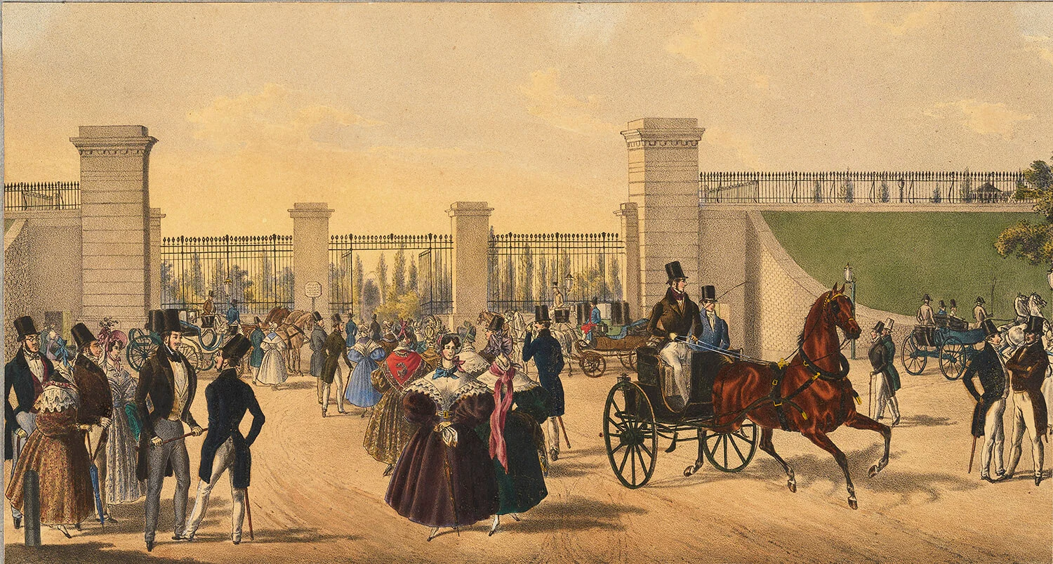 Alexander Franz Bensa der Ältere: Szenen aus dem Wiener Volksleben und Wiener Örtlichkeiten - Eingang in den Volksgarten, undatierter Kupferstich, Wien Museum  