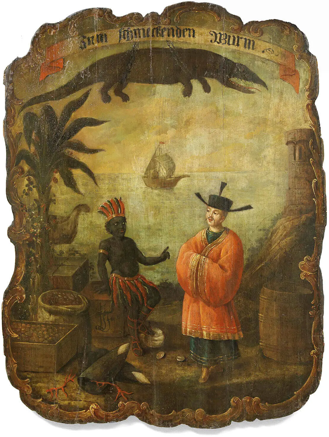 Geschäftsschild der Material- und Spezereihandlung „Zum schmeckenden Wurm“ (Haus Hof Nr. 722, heute 1., Wollzeile 5/Lugeck 5), 120 x 92,5 cm, 1. Hälfte 18. Jahrhundert, Wien Museum