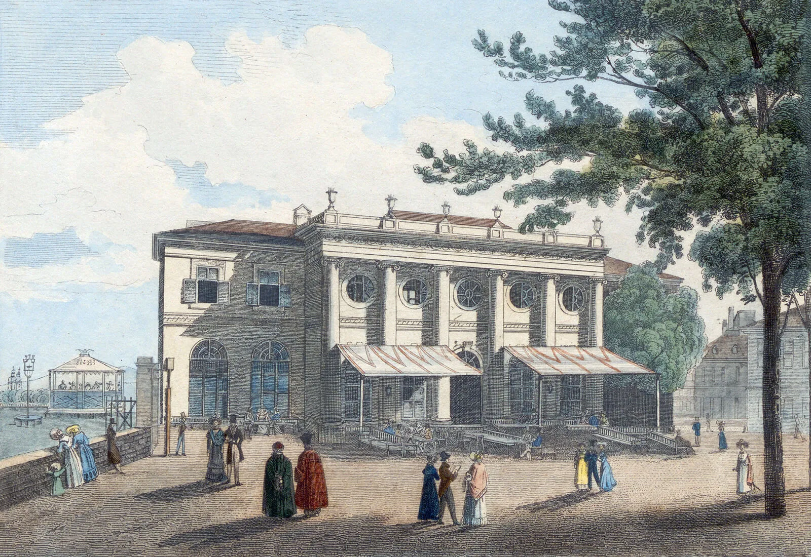 „Caffehaus auf der Bastey am Volksgarten / Le café du Jardin public sur le rampart“. Das sogenannte Erste Cortiʼsche Kaffeehaus im Paradeisgartl, kolorierte Lithografie, um 1840. Wien Museum