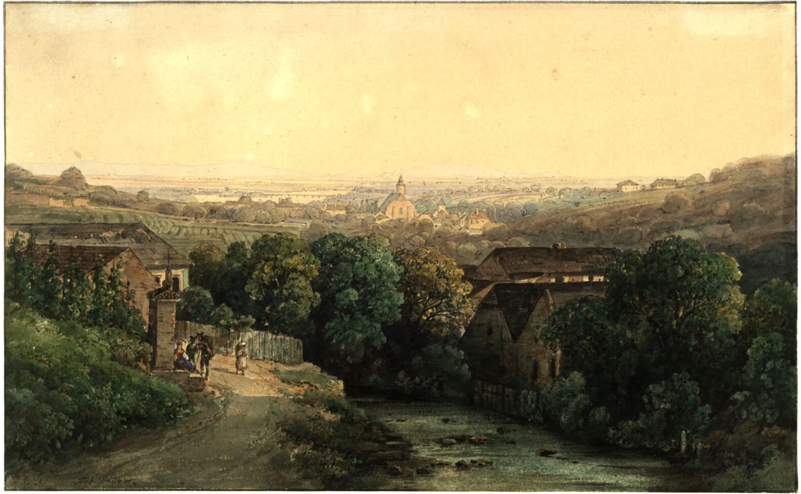 Blick vom Nußberg auf Heiligenstadt und Wien, rechts ist mutmaßlich der Nesselbach dargestellt, undatiertes Aquarell von Thomas Ender, Wien Museum