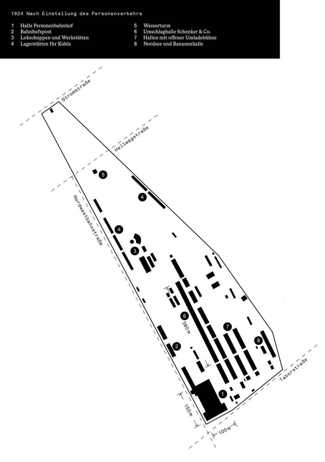 Schwarzpläne der Bauten am Nordwestbahnhof im Wandel der Zeit. Links nach Einstellung des Personenverkehrs 1924, rechts nach Stilllegung des Containerverkehrs 2020. Zeichnung: Michael Hieslmair und Michel Zinganel   