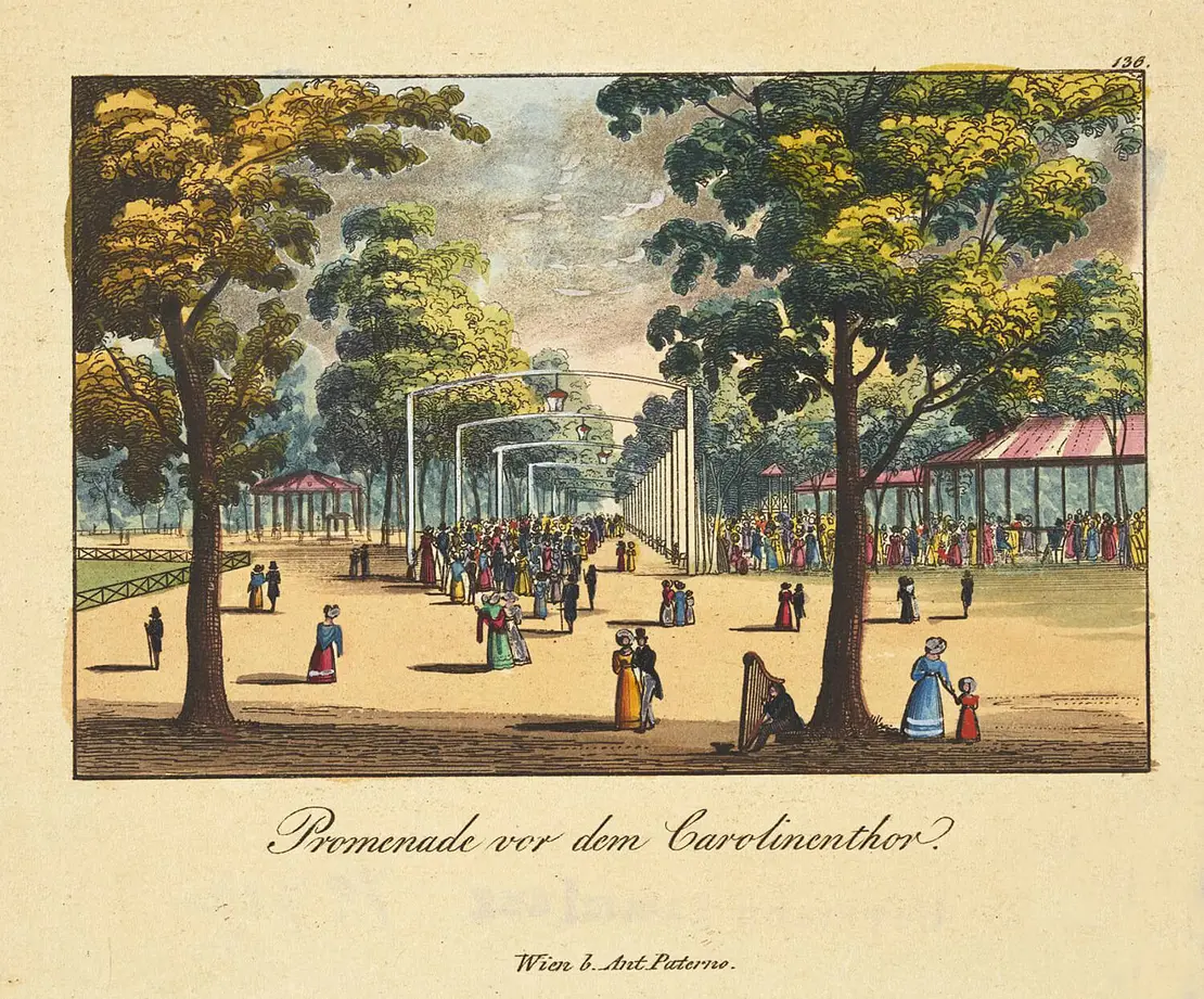Promenade vor dem Karolinentor (große Promenade am Wasserglacis), undatierter Kupferstich, Wien Museum  