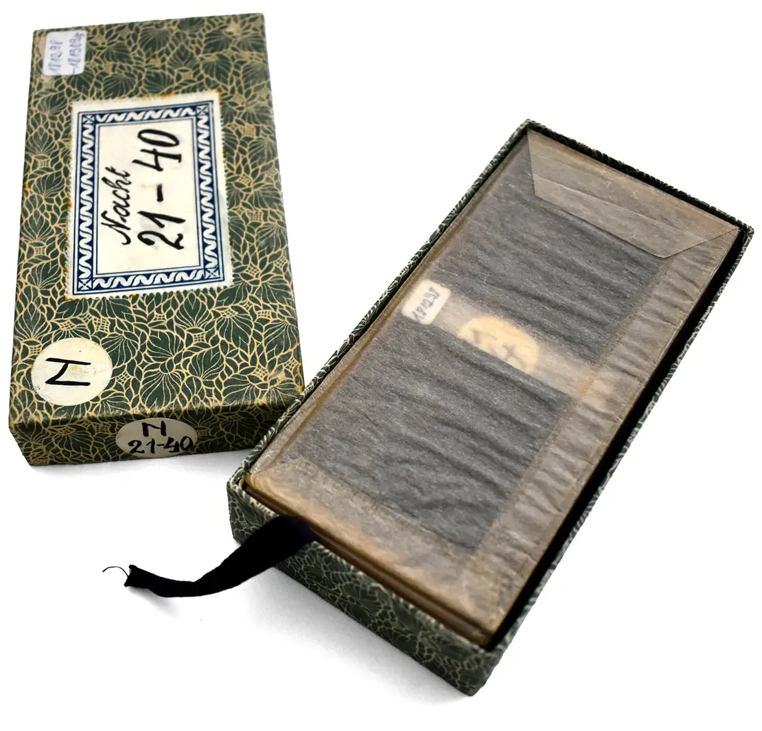 Originale Schachtel mit Stereonegativen und -positiven Karl Pollaks, bezeichnet „Nacht 21-40“, Wien Museum  