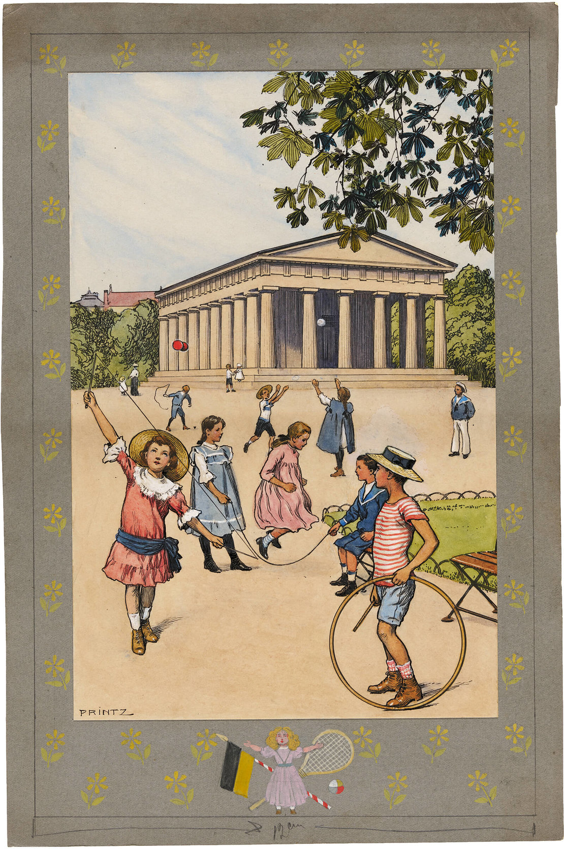 „Beim Spiele“, Gouache-Federzeichnung von Hans Printz, 1911. „Fibel nach der analytisch-synthetischen Lesemethode“. Alois Fellner und Albert Kundi. Mit Bildern von Hans Printz. Verlag A. Pichlers Witwe & Sohn; Wien 1911. 