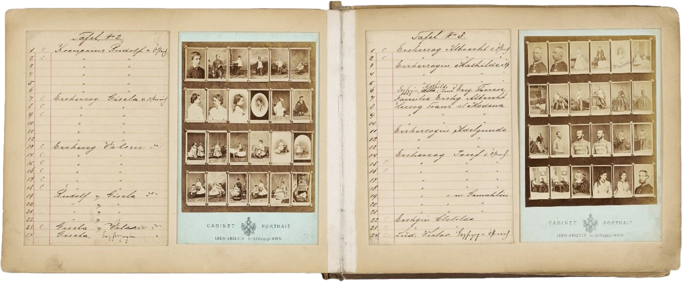 Musterbuch mit Auflistung von Visitporträts von Ludwig Angerer, Band 1, Taf. 2-3, Wien Museum, Inv.-Nr. 29808/1/2 und 29808/1/3
