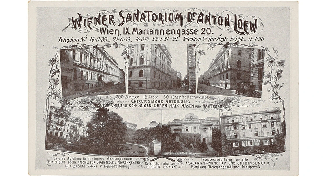 Postkarte zur Bewerbung des „Wiener Sanatorium Dr. Anton Loew“. Buch- und Kunstdruckerei Josef Gerstmayer, Wien, 1910–1925. Josephinum – Ethik, Sammlungen und Geschichte der Medizin, MedUni Wien   