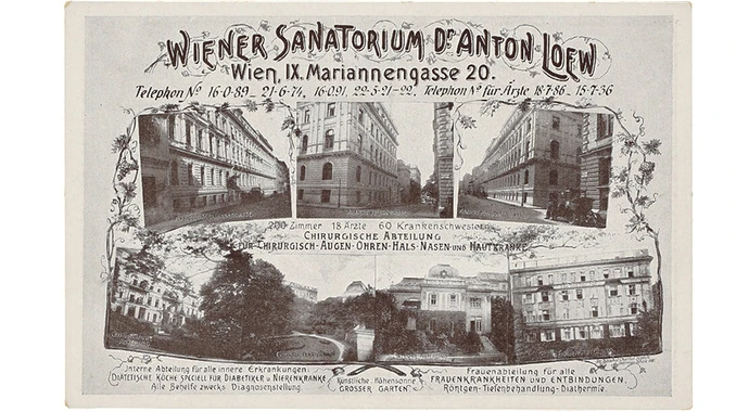 Postkarte zur Bewerbung des „Wiener Sanatorium Dr. Anton Loew“. Buch- und Kunstdruckerei Josef Gerstmayer, Wien, 1910–1925. Josephinum – Ethik, Sammlungen und Geschichte der Medizin, MedUni Wien