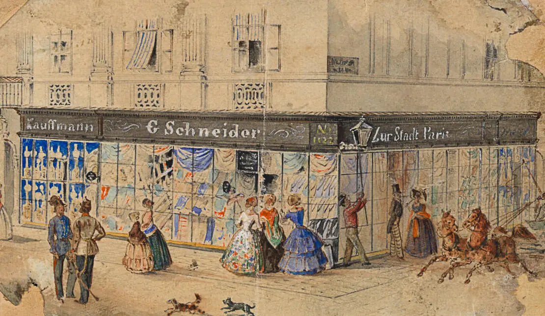 G. Schneiders Geschäft „Zur Stadt Paris“, Ecke Graben/Dorotheergasse, um 1840/50, Wien Museum  