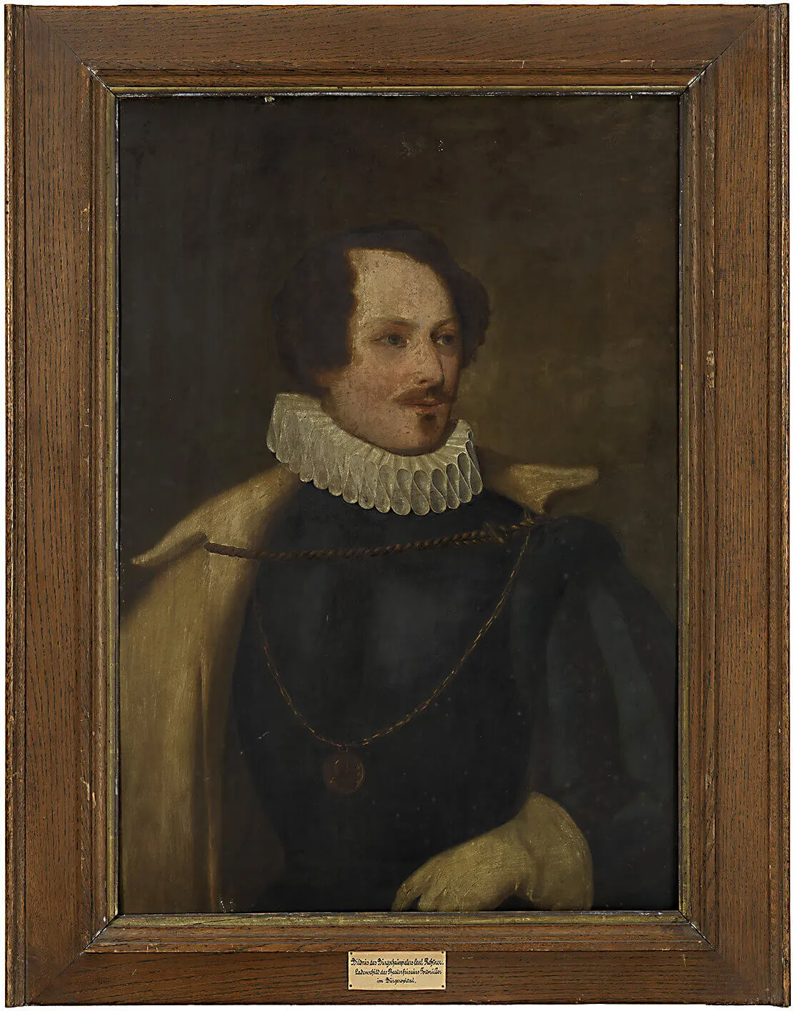 Johann Nepomuk Mayer (zugeschrieben), Bildnis des Burgschauspielers Carl (Karl) Fichtner, angeblich in der Rolle des "Don Carlos", Ladenschild des Theaterfriseurs Fortmüller im Bürgerspital, um 1830-1835, 93 x 66,5 cm, Wien Museum.