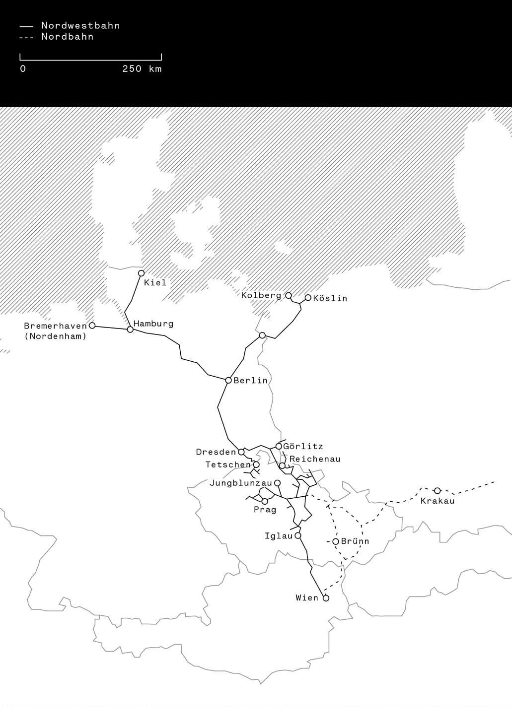 Diagramm des Liniennetzes der Nordwestbahn und ihrer Vorläufergesellschaft mit aktuellem Grenzverlauf; Zeichnung: Michael Hieslmair und Michael Zinganel 