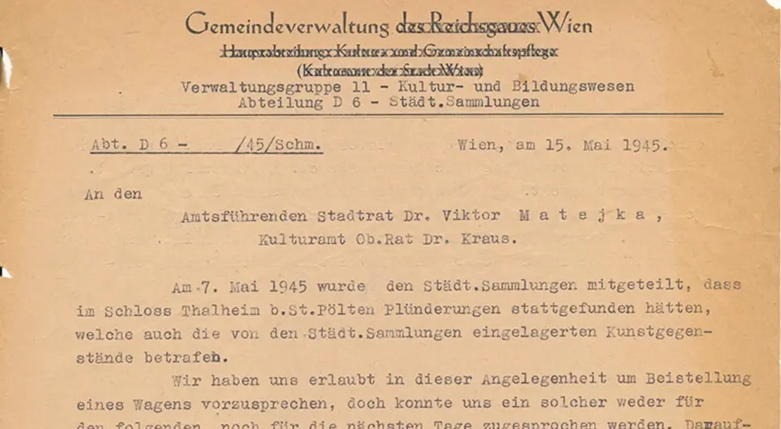 Bericht über die Plünderungen im Schloss Thalheim bei St. Pölten, 1945