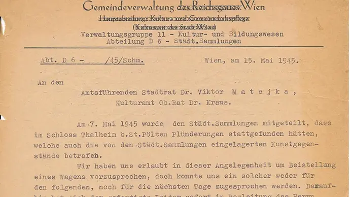Bericht über die Plünderungen im Schloss Thalheim bei St. Pölten, 1945