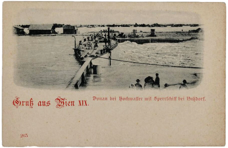 Donau bei Hochwasser mit Sperrschiff bei Nußdorf, Ansichtskarte, um 1898, Sammlung Wien Museum  