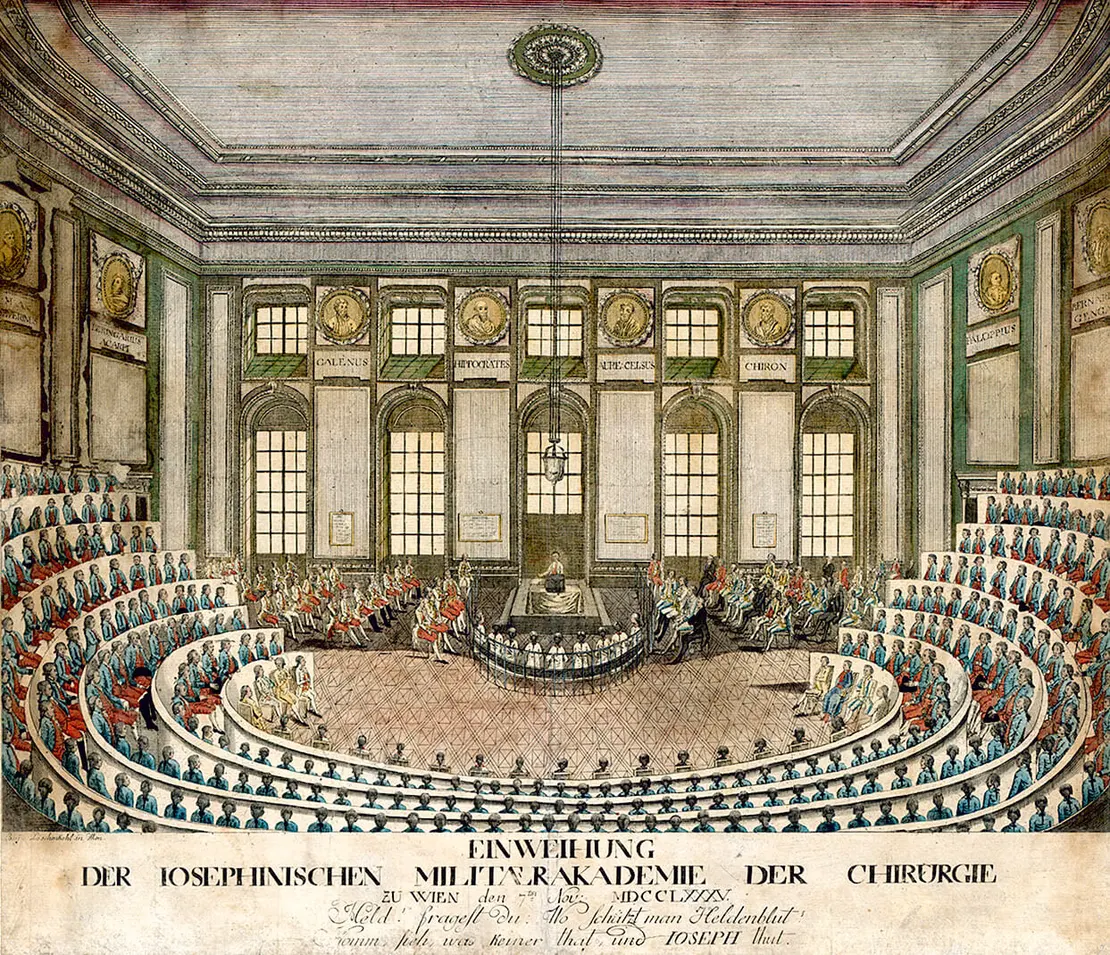 Die Einweihung der josephinischen Militärakademie für Chirurgen in Wien am 7. November 1785, kolorierter Kupferstich, 1786, Verlag: Johann Hieronymus Löschenkohl, Wien Museum
