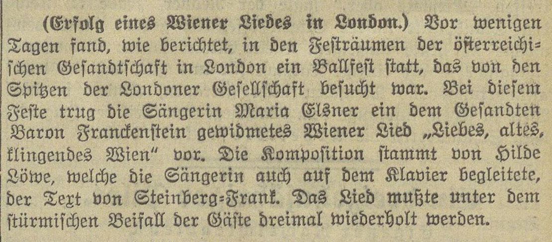 Bericht zur Uraufführung des Liedes „Liebes, altes, klingendes Wien“ in London. Neues Wiener Taglatt, 14. Dezember 1937, Quelle: ANNO/ÖNB 