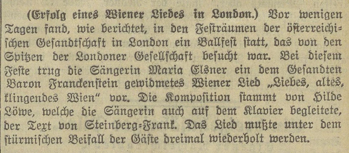 Bericht zur Uraufführung des Liedes „Liebes, altes, klingendes Wien“ in London. Neues Wiener Taglatt, 14. Dezember 1937, Quelle: ANNO/ÖNB