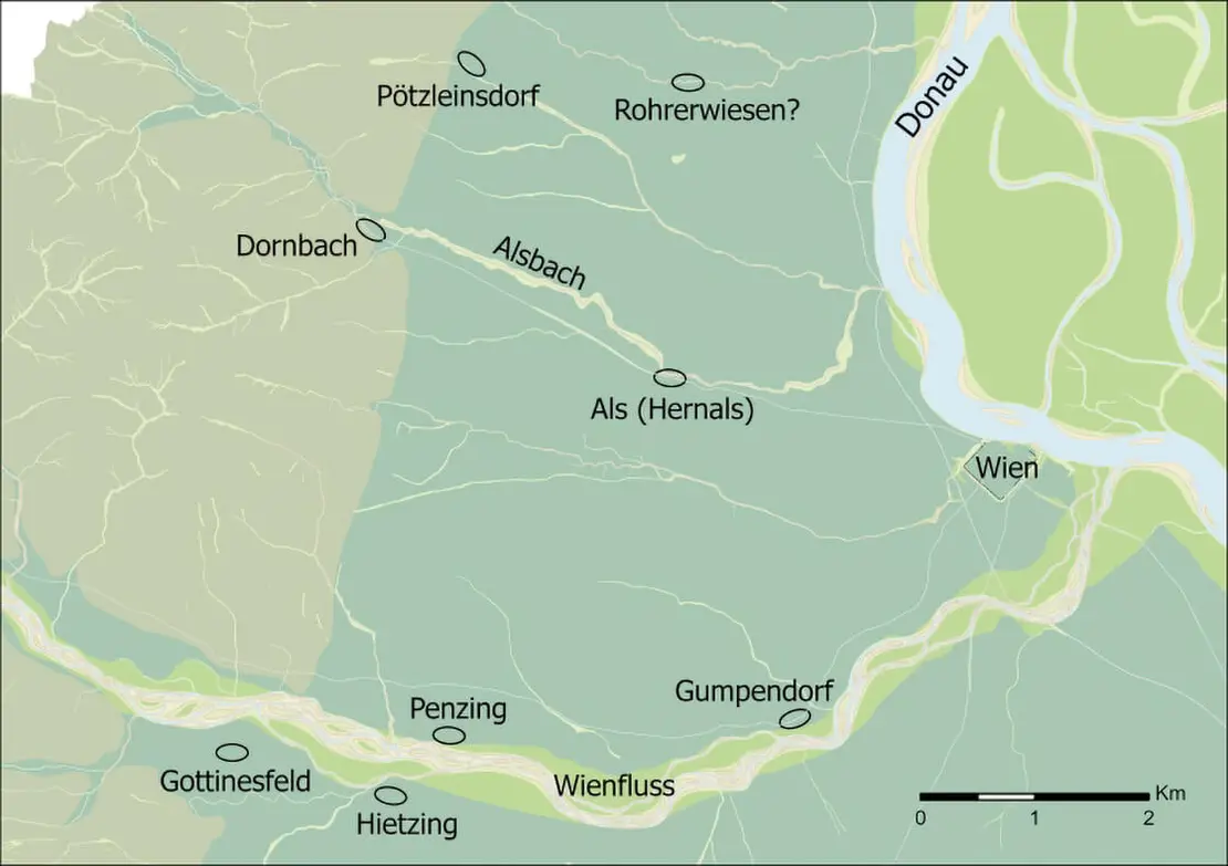 Besiedlung des Wiener Raums zur Zeit des Tauschvertrags. Entwurf: Severin Hohensinner, Inhalt: Christoph Sonnlechner und Manuel Swatek  