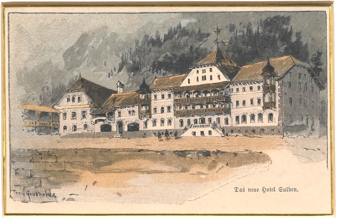 Das Sulden Hotel als kolorierter Holzstich von Toni Grubhofer (1854-1935)  