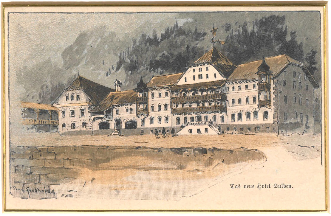 Das Sulden Hotel als kolorierter Holzstich von Toni Grubhofer (1854-1935) 