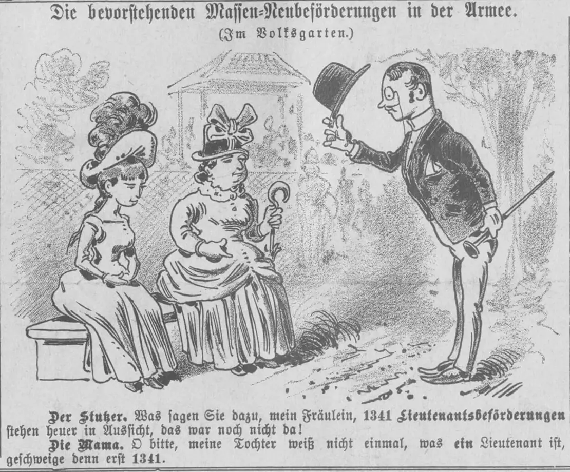 Stutzer im Volksgarten, Karikatur aus dem „Kikeriki“, 24. Juni 1888, ANNO/ÖNB   