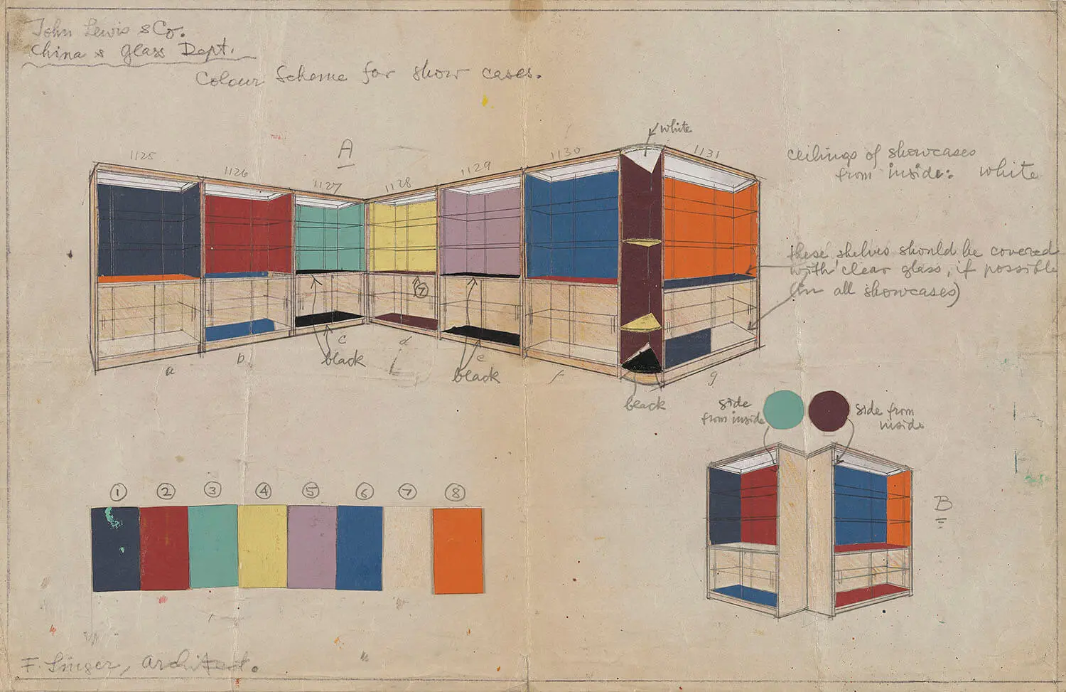 Franz Singer: John Lewis & Co. Ltd., Farbschema für Vitrinen, China- und Glasabteilung, 1937, Buntpapier, Bleistift auf Papier, 25,5 x 39,5 cm, Bauhaus-Archiv Berlin © Daniela Singer  
