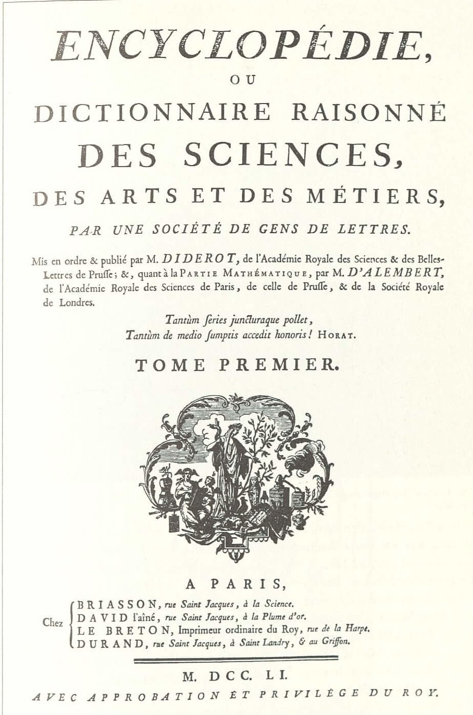 Fundamentales Werk der Aufklärung, von dem sich eine Ausgabe auch in Arenbergs Bibliothek befand: Diderots und d´Alemberts Encyclopédie, Titelblatt des ersten Bandes der Erstausgabe, 1751, Wikimedia Commons 