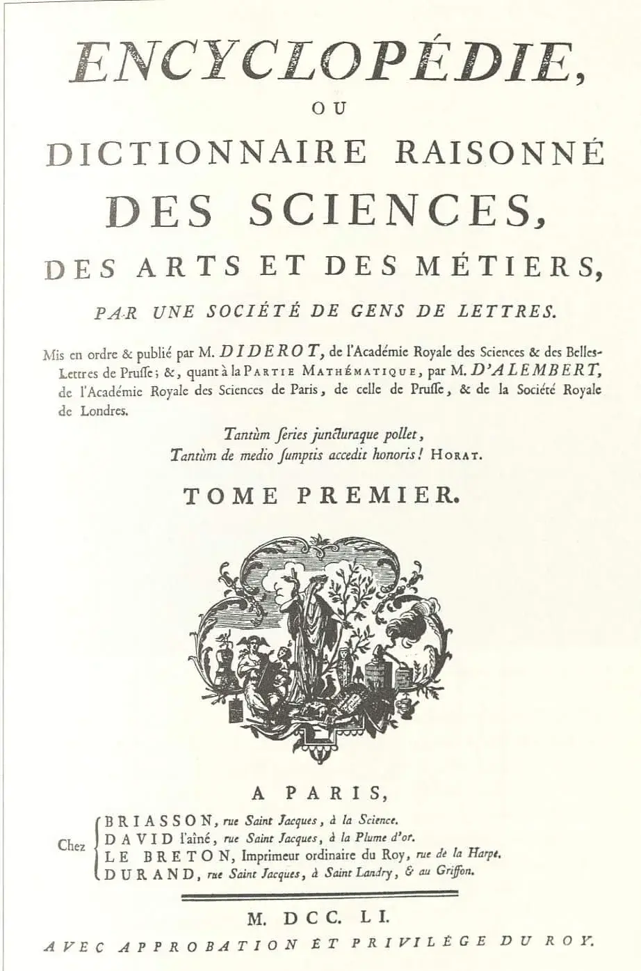 Fundamentales Werk der Aufklärung, von dem sich eine Ausgabe auch in Arenbergs Bibliothek befand:  Diderots und d´Alemberts Encyclopédie, Titelblatt des ersten Bandes der Erstausgabe, 1751, Wikimedia Commons  