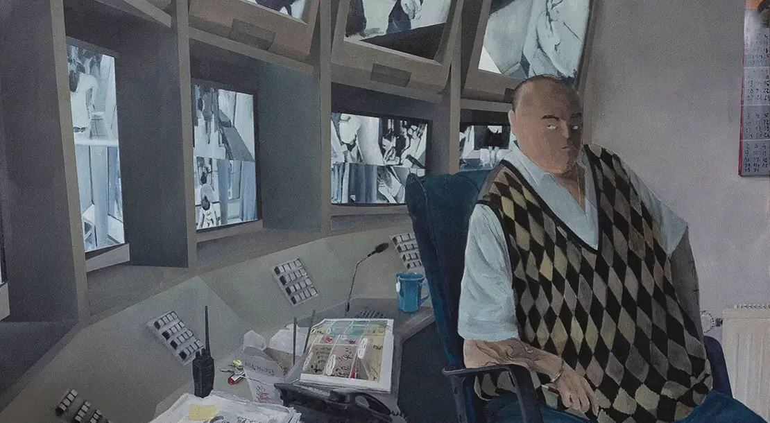 Tim Sandow: DJ Hausverbot [Harry liest], 2020, Acryl und Dispersion auf Leinwand, 220 x 180 cm, (Ausschnitt), Foto: Galerie Droste    