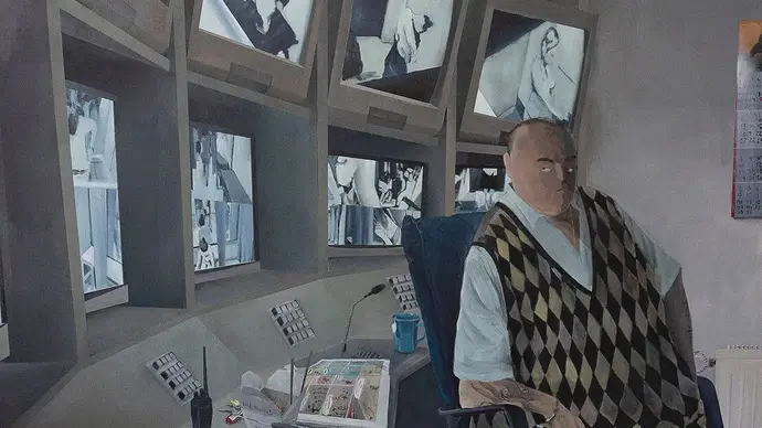 Tim Sandow: DJ Hausverbot [Harry liest], 2020, Acryl und Dispersion auf Leinwand, 220 x 180 cm, (Ausschnitt), Foto: Galerie Droste  