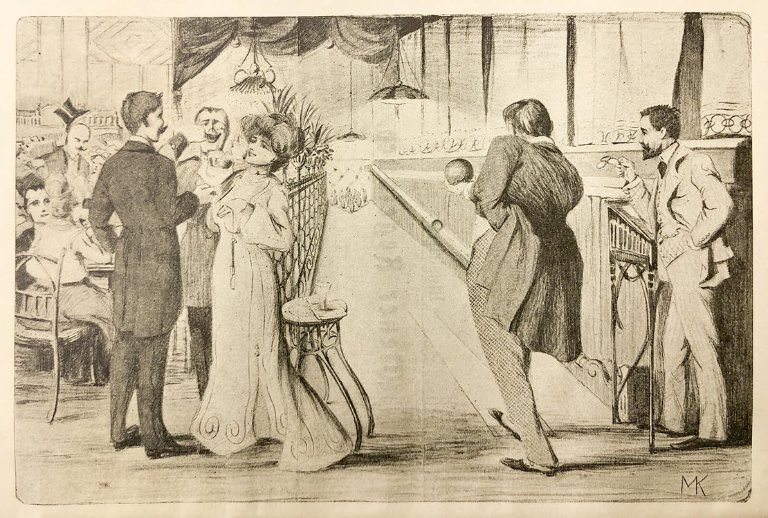 Kegeln in einem „vornehmen Wiener Kegelklub“, Titelbild aus dem „Illustrierten Wiener Kegelbuch“, 1905 