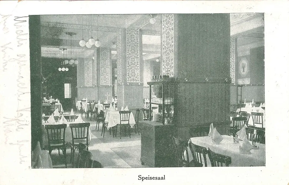 „Franz Dörners Restaurant ‚St. Hubertus‘ Wien VI. Mariahilferstraße 49“, Postkarte, 1919, QWIEN Archiv  